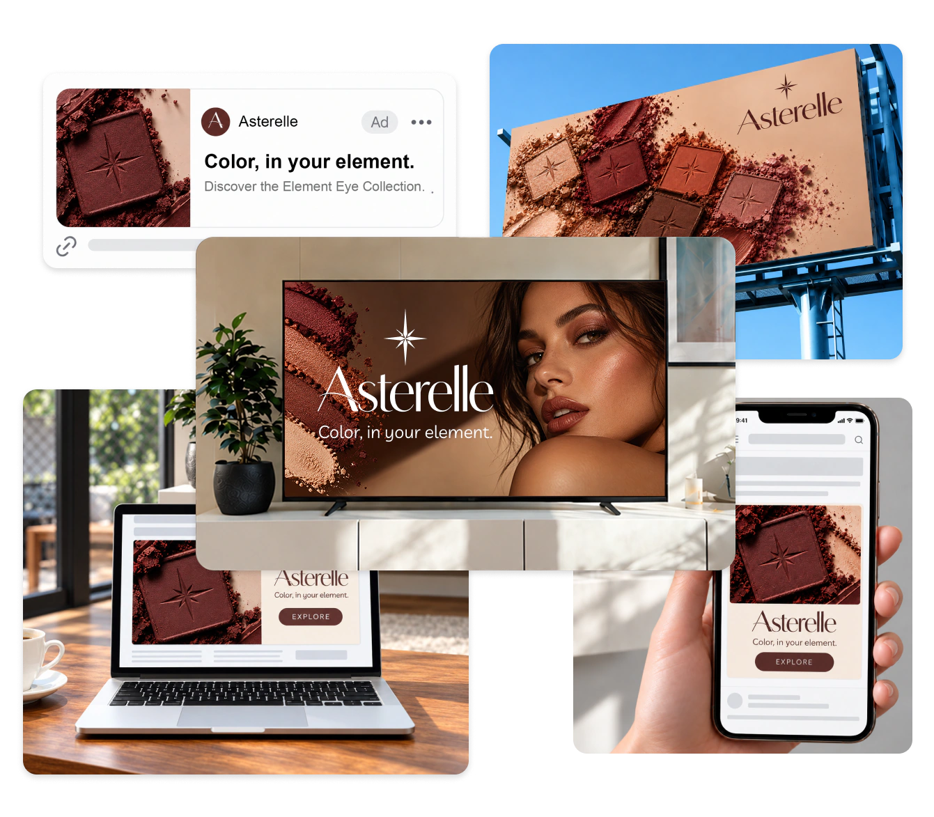 Asterelle ads displayed across web, mobile, connected TV, and digital out-of-home