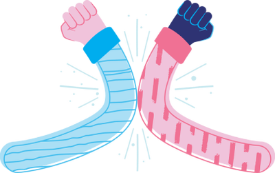 Two arms bumping elbows in triumph and cheer. 